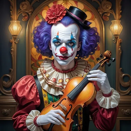 Prompt: (art nouveau style), (vibrant color scheme), clown with a violin in hand, clown face makeup, in front of a mirror, inspired by Anne Stokes, (pop surrealism), highly detailed, (oil painting), fine art painting, intricate patterns, whimsical atmosphere, dramatic lighting, rich textures, ornate background elements, captivating expression, enchanting portrayal, 4K, ultra-detailed.