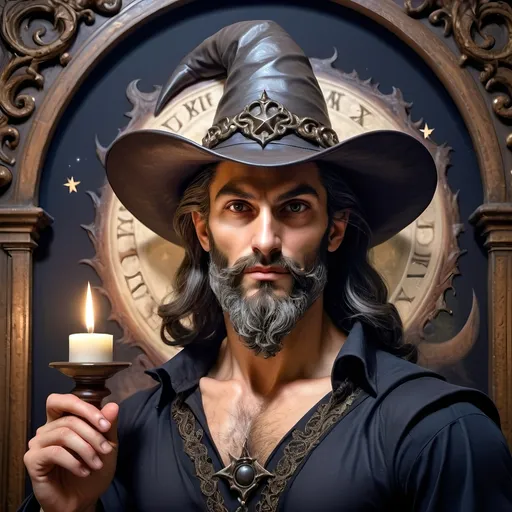 Prompt: (honoring Nuit), moon and stars) captivating handsome man magician, pointed witch hat, facial features highlighted, elegant beard, (renaissance baroque painting style), dark mystical background, rich deep colors with dramatic contrast, elements of Halloween celebration in still life arrangement, enigmatic ambiance, intricate shadows and light, (highly detailed), evoking intrigue and enchantment.