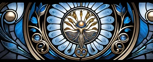 Prompt: A stunning stained glass window design, (Art Nouveau) and (Art Deco), vibrant hues of blue and gold, intricate patterns, celebrating Nuit and the Aeon of Horus, mesmerizing light effects, high detail craftsmanship, elegant motifs, celestial themes, artistic harmony, enchanting atmosphere, ultra-detailed, inviting the viewer into a mystical realm.