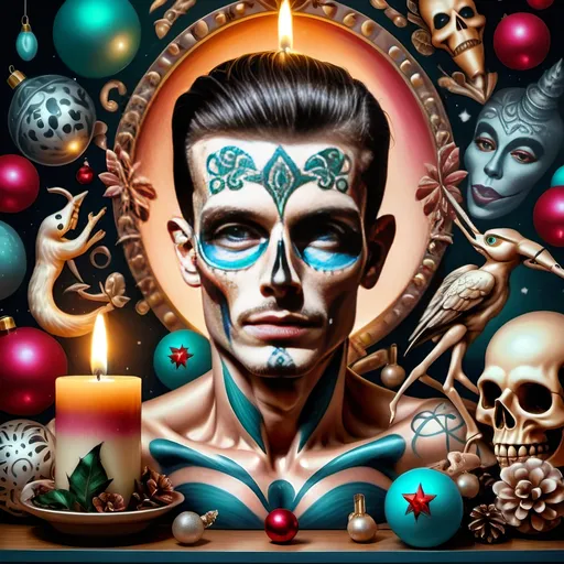 Prompt: (nutcracker), (candle and candle holder), surrounded by (Christmas decorations), (psychedelic art style), (vibrant color scheme), (extremely detailed), (oil painting), (airbrush painting), inspired by (Anne Stokes), (pop surrealism), dynamic patterns and textures, warm and festive ambiance, high-quality artistry, rich hues melding into each other, whimsical elements drawing viewers in, enchanting holiday spirit, magical atmosphere.