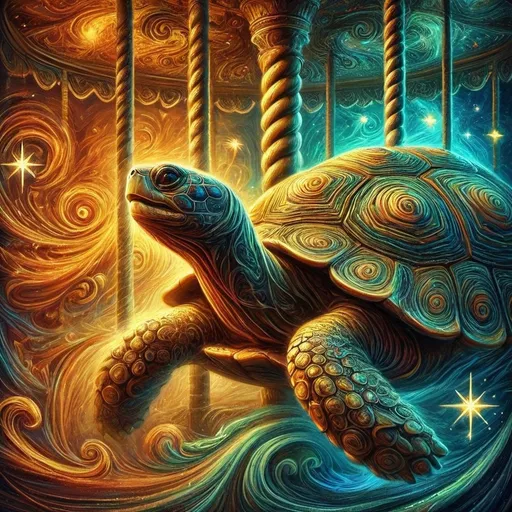 Prompt: (turtle on a carousel), (mystical stars and swirls on its back), (intricate spirally spiral design), vibrant colors, (psychedelic art), highly detailed, digital painting, airbrush style, dreamlike ambiance, whimsical atmosphere, elaborate textures, fantasy elements, enchanting background, magical scenery, 4K quality, intensely vivid designs.