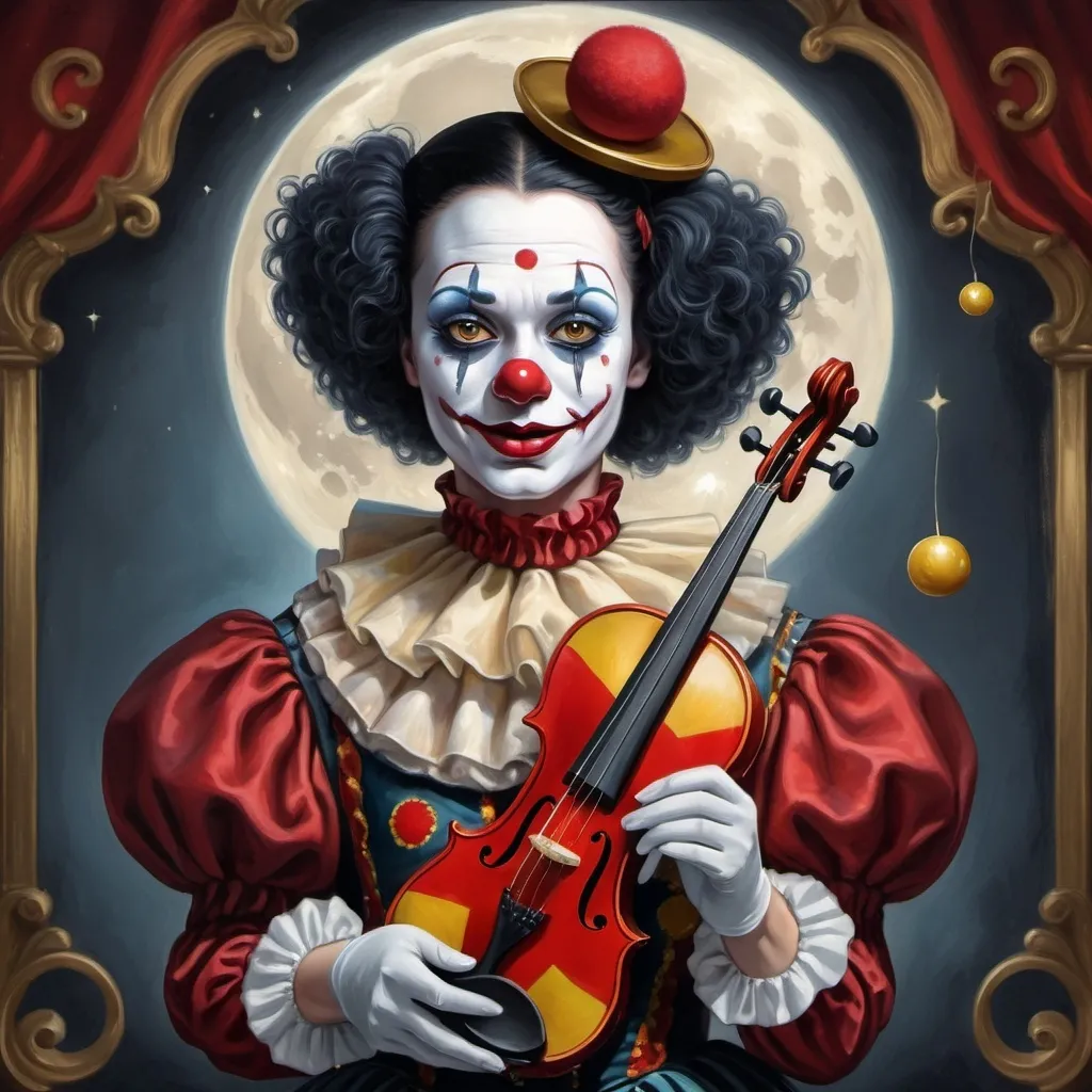 Prompt: a painting of a dark headed female clown with a gold violin and a ball in front of him, with a red clown's face painted on it, magical ambiance, friendly, highly detailed digital painting, an ultrafine detailed painting.  Add Renaissance background.  Adorn with mystic florals.  Add moon influences