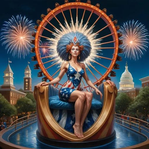 Prompt: (7 Wonders Art Glass Studio), a person in (patriotic dress), riding a vibrant rollercoaster at Liberty Park, fireworks bursting in the dark sky, U.S. flag-themed floats in the background, the illuminated Capital Wheel on the Wharf, celebrates the essence of freedom, (cultural homage to goddess Nuit), energetic ambiance, verdant park surroundings, (4K) resolution, ultra-detailed composition, festive and inspiring atmosphere.