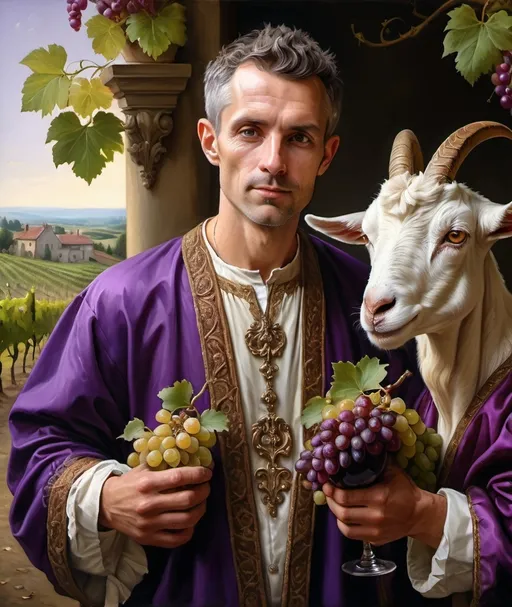 Prompt: (Highly detailed oil painting), a man with intricate facial features holding grapes, two goats beside him wearing elegant purple robes and distinctive horns, lush vineyard background, rich colors and textures characteristic of (Flemish Baroque) style, serene and harmonious atmosphere, captivating contrast between man and animals, masterpiece quality, emotional depth, exquisite craftsmanship, ultra-detailed, dramatic lighting enhancing form and depth.