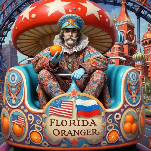 Prompt: (accurately spelled text "Yankee Doodler"), (psychedelic style), (vibrant color scheme), vibrant paint splashes, detailed painting, surreal theme, Russian individual holding a Florida orange symbolizing Republican endorsement, bold patterns, roller coaster car, American flag waving dramatically, Washington D.C. skyline in the background, whimsical elements, bright and vivid colors, intricate details, high-quality image, ultra-detailed.