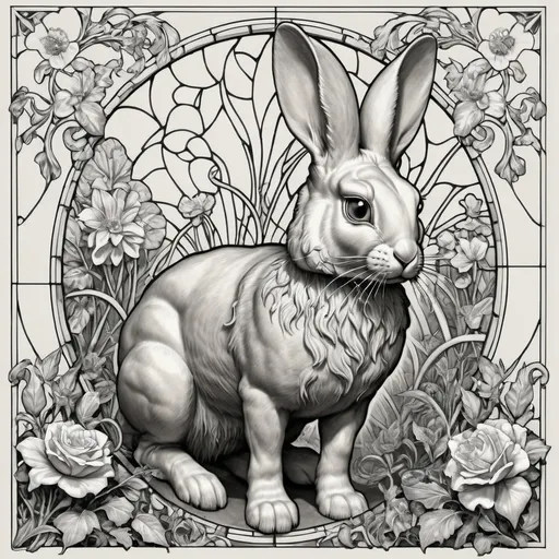 Prompt: A Seven Wonders Art Glass Studio (SWAG) window pattern with a rabbit and flowers in it, and a sunburst above it, and a stained glass window with flowers and leaves, Beatrix Potter, art nouveau, intricate linework, lineart.  (Honoring Nuit)