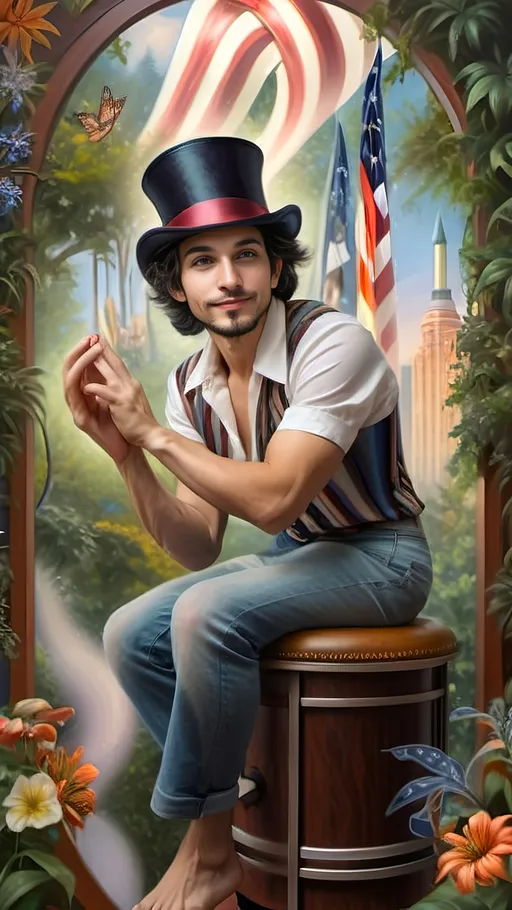 Prompt: Art Deco style, (vibrant color scheme), Renaissance oil painting, (ultra-detailed), (character portrait) of a Magician transforming into a Satyr, lush Arcadia setting, surrounded by abundant lush greenery, delicate flowers, soft sunlight filtering through trees, dreamlike atmosphere, enchanting and whimsical vibe, intricate details in expression and pose, capturing magical transformation moment.