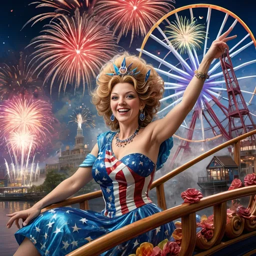 Prompt: A vibrant and dynamic scene capturing the essence of freedom, (7 Wonders Art Glass Studio), a person in (patriotic dress) riding a thrilling rollercoaster at Liberty Park, surrounded by breathtaking bursts of fireworks illuminating the dark sky. U.S. flag-themed floats float in the background, featuring the radiant Capital Wheel on the Wharf. This celebration serves as a (cultural homage to goddess Nuit), infused with vivid colors and high energy. 4K, ultra-detailed.