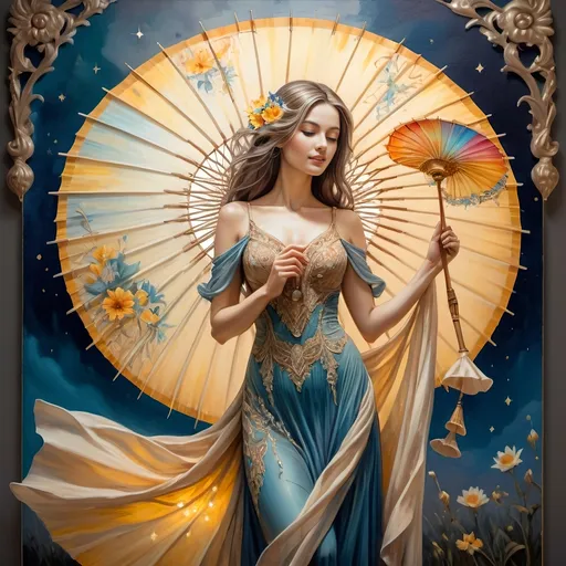 Prompt: an oil painting by 7 Wonders Art Glass Sudio of a woman in a dress holding a parasol.  The parasol is brightly colored and detailed in honor of Nuit.