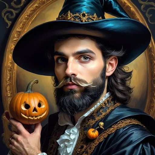 Prompt: (Honoring Nuit) a handsome man magician with a magician pointed witch  hat and a beard in a painting style with a dark background  halloween celebration still life -or trait renaissance boroque