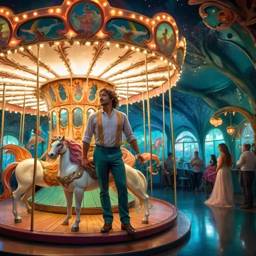 Prompt: ((art nouveau style)), (vibrant color scheme), Latino merman standing, illuminated carousel beside him, whimsical atmosphere, enchanting expressions, with a larger carousel in the background, influenced by ethereal and magical vibe, ultra-detailed painting, captivating fantasy artwork, immersive scene, dreamlike ambience.