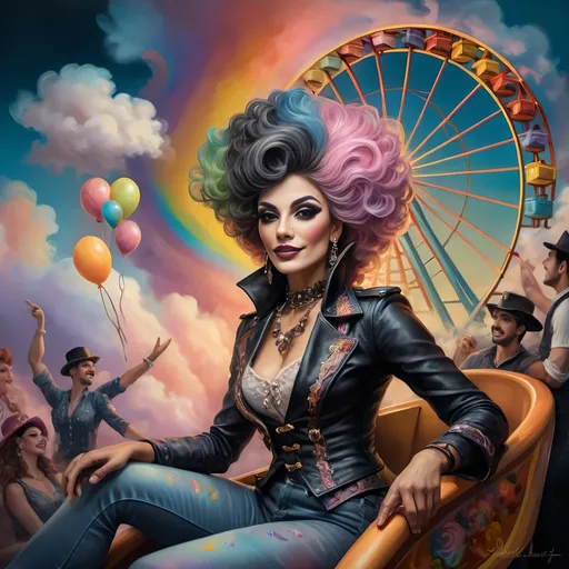 Prompt: (honoring nuit), a mesmerizing painting of colorful drag queens exuding joy and fabulousness while riding a roller coaster, vibrant (rainbow) painted on the side, a whimsical ferris wheel creating a festive atmosphere in the background, whimsical cotton candy clouds, (dynamic movement), warm pastel colors enhancing the lively scene, ultra-detailed, high-quality artwork capturing a celebratory ambiance.