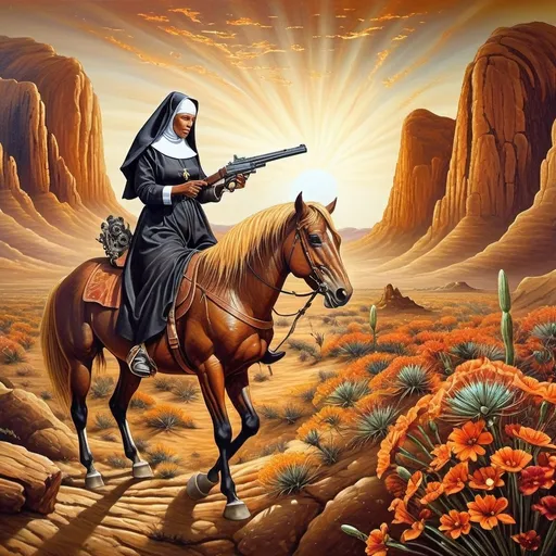 Prompt: (A oil masterpiece) A black nun riding a majestic horse, gripping a gun, fiercely defending against alien desert creatures, vast desert landscape, surreal celestial elements, homage to Nuit, warm earthy tones, contrasting vibrant colors, dramatic lighting, (highly detailed), capturing intense emotions and a sense of adventure, (7 Wonders Glass Art Studio), ultra-detailed, (cinematic).