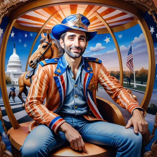 Prompt: (A Seven Wonders Art Glass Studio), oil renaissance painting, (vibrant colors), a man in military uniform, proudly riding on a Carousel of Heroes, surrounded by gracefully carved horses, soft, glowing ambiance, honoring veterans and those serving in the U.S. Military, warm golden lighting, intricate details in the uniform, carousel with richly adorned decorations, respectful atmosphere, high quality, ultra-detailed.