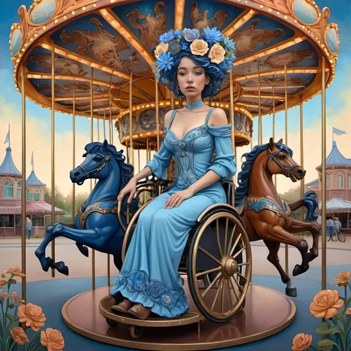 Prompt: Carousel of Diversity, (art nouveau style), (vibrant color scheme), a woman in a wheelchair joyously riding a beautifully crafted carousel with ornate horses, (blue flower in her hair), (Caroline Chariot-Dayez), figurative art, dystopian elements blending with art deco sculpture, whimsical yet haunting ambiance, richly detailed background with whimsical flowers and muted sky illuminating with warm tones, (ultra-detailed).