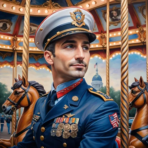 Prompt: (A masterpiece oil painting) of a man in (military uniform), riding the (Carousel of Heroes), vibrant colors highlighting the ornate design of the carousel. The scene is filled with a (nostalgic atmosphere), paying homage to (veterans and active military). Whispering elements of (honor) and (courage) are present, with artistic flourishes emphasizing the essence of (Nuit). The overall feel is (dramatic) and uplifting, portraying both valor and beauty in high definition.