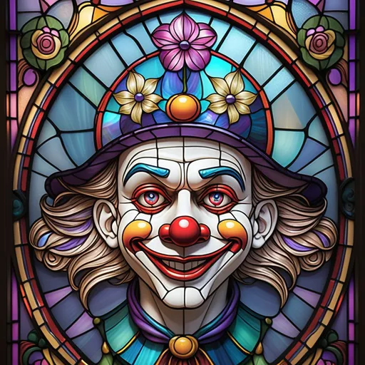 Prompt: (stained glass window), (clown cartoon character), (flower on magical hat), Disney-inspired, arts and crafts movement style, intricate line art, vibrant colors filtering through glass, mesmerizing light patterns, whimsical atmosphere, artistic detailing, enchanting design, HD quality, captivating visual contrast, ornate geometric patterns in the background, dreamy vibes.