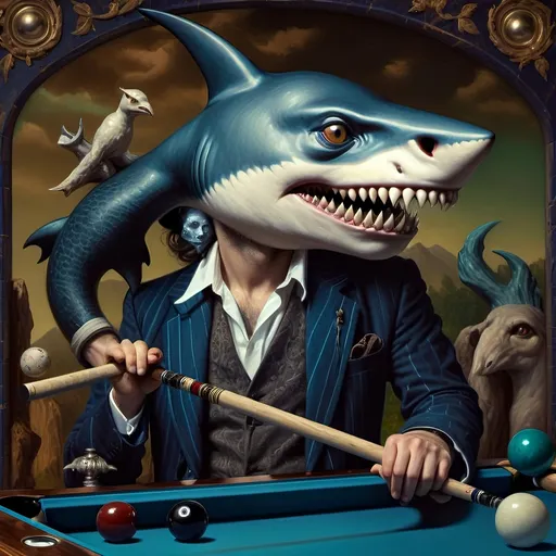 Prompt: (shark in a suit, playing pool), fine art, (pop surrealism) influences, classical painting style, whimsical atmosphere, (detailed textures), vibrant color tones, deep blues and greens, mixed with rich burgundies, engaging composition, pool cues and balls (surreal twist), intricately painted background with elements of artistry, 4K quality, (evocative mood), inspired by 7 Wonders Art Glass Studio, honoring Nuit.