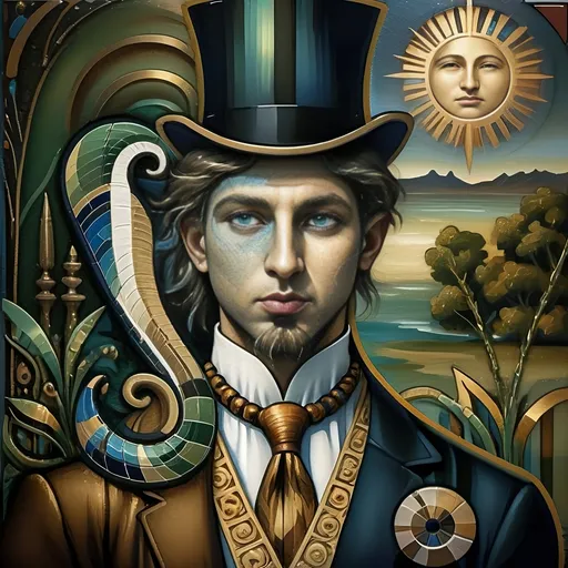 Prompt: (Renaissance portrait masterpiece), a whimsical (@magician) satyr, surrounded by mystique serpent transformation elements, honoring (@Horus) and (@Nuit). Vivid glass art techniques, intricate details, baroque elements, serene Arcadian landscape in the background, rich vibrant colors, warm golden tones, dramatic lighting, ethereal atmosphere that reflects a fusion of mythology and artistry, ultra-detailed HD quality.