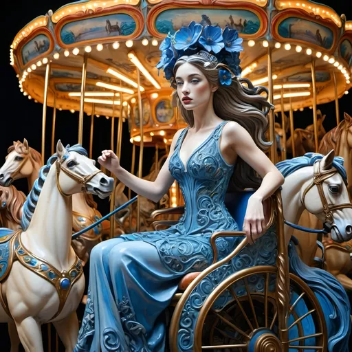 Prompt: (Art Nouveau style), (Carousel of Diversity), vibrant color scheme, a woman in a wheelchair, riding a carousel adorned with exquisite horses, blue flower in her hair, surrounded by intricate details of dystopian elements, impressive figurative art, artistic interplay of light and shadow, evoking emotion and movement, Caroline Chariot-Dayez, celebrating resilience, stunning art deco sculpture, ultra-detailed, high quality.