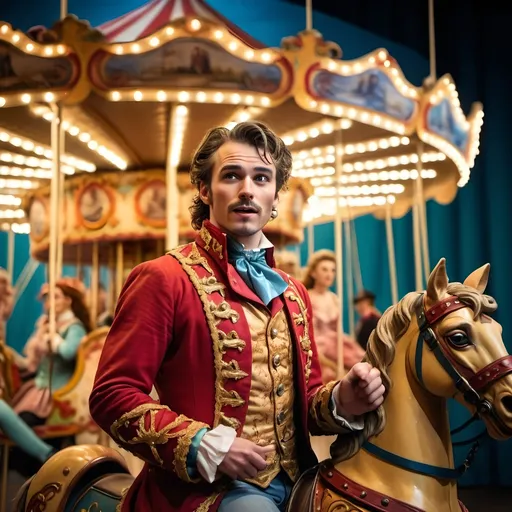 Prompt: (portrait of an actor from "Carousel of Heroes"), (emotion and creativity of performance), vibrant colors, high contrast, dramatic lighting, captivating expression, intricate costume details, dynamic background illustrating a lively carousel, whimsical atmosphere, ultra-detailed, cinematic quality, fantastical ambiance, high energy and captivating interaction, enchanting visual storytelling