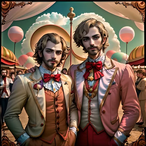 Prompt: (commissioned portrait) Renaissance Era painting, oil on canvas, celebrating wedding anniversary, two male husbands, beards, chest hair, honoring Nuit, symbolic and esoteric elements, enchanting scenery of Pan's Arcadia, mystical atmosphere, rich and warm color tones, intricate details, evoking emotion and love, serene background with soft light, 4K ultra-detailed masterpiece.