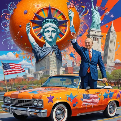 Prompt: (accurately spelled text "Yankee Doodler"), (psychedelic style), (vibrant color scheme), vibrant paint splashes, detailed painting, surreal theme, Russian individual holding a Florida orange symbolizing Republican endorsement, bold patterns, roller coaster car, American flag waving dramatically, Washington D.C. skyline in the background, whimsical elements, bright and vivid colors, intricate details, high-quality image, ultra-detailed.