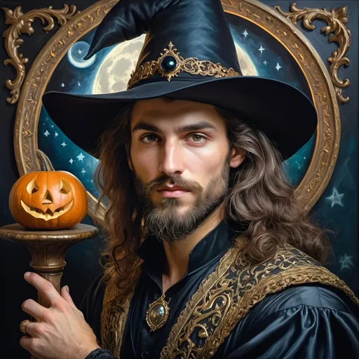 Prompt: (honoring Nuit), moon and stars) captivating handsome man magician, pointed witch hat, facial features highlighted, elegant beard, (renaissance baroque painting style), dark mystical background, rich deep colors with dramatic contrast, elements of Halloween celebration in still life arrangement, enigmatic ambiance, intricate shadows and light, (highly detailed), evoking intrigue and enchantment.