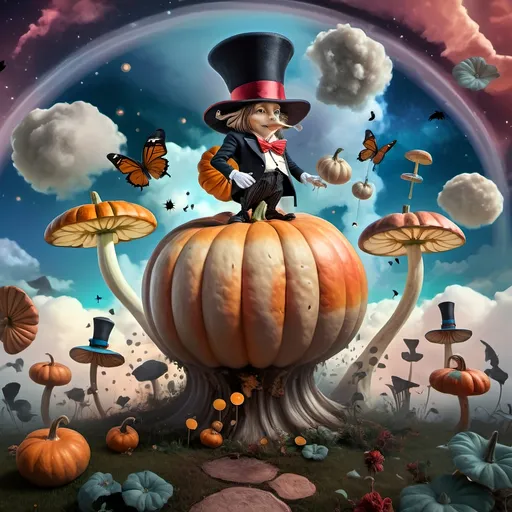 Prompt: (art deco style), (vibrant colors), a man in a top hat holding a pumpkin, still life portrait of a magician, strong sense of magic, all hallows eve theme, framed, sky background with whimsical clouds, gothic elements, highly detailed digital painting, character portrait, artistic masterpiece, immersive atmosphere, rich color contrasts, enchanting vibe, inspired by Alejandro Burdisio, ultra-detailed, HD.