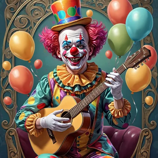 Prompt: (clown with a guitar, balloons on head), (art nouveau style), (vibrant color scheme), whimsical atmosphere, intricate floral patterns, airy and cheerful vibe, (highly detailed digital painting), ultrafine details, playful expressions, dynamic pose, elaborately designed clown costume, festive background elements, showcasing vivid colors and textures, (4K), captivating composition.