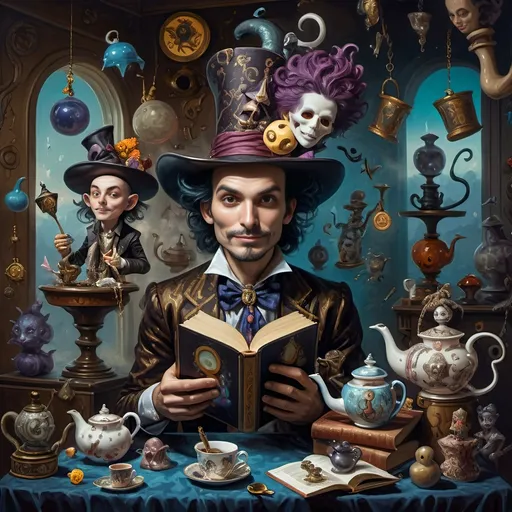 Prompt: (still life portrait), (psychedelic art style), (vibrant color scheme), a whimsical magician jack-in-the-box man, surrounded by enchanting teapots and magical items, captivating tea party scene, objects coming to life, an open book with mystical symbols, surreal and dreamlike atmosphere, vivid hues and intricate patterns, high-quality detail, a splash of imagination and wonder.