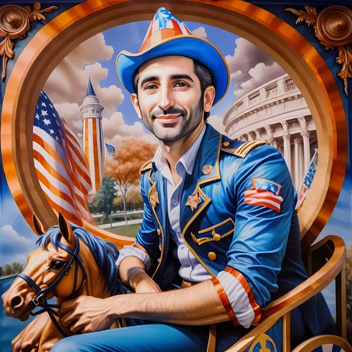 Prompt: (A Seven Wonders Art Glass Studio), oil renaissance painting, (vibrant colors), a man in military uniform, proudly riding on a Carousel of Heroes, surrounded by gracefully carved horses, soft, glowing ambiance, honoring veterans and those serving in the U.S. Military, warm golden lighting, intricate details in the uniform, carousel with richly adorned decorations, respectful atmosphere, high quality, ultra-detailed.