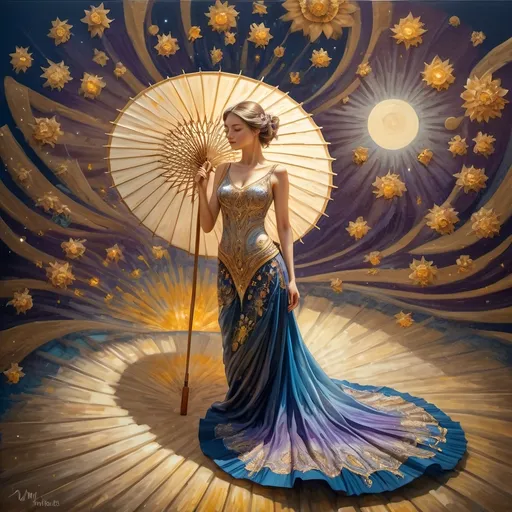 Prompt: (oil painting), (exquisite craftsmanship), woman in a flowing dress, elegant pose, holding a vibrant, intricately detailed parasol, inspired by Nuit, celestial themes, rich blues and purples, subtle glimmers of stars, warm golden light casting soft shadows, dreamy atmosphere, art radiating grace and beauty, ultra-detailed, 4K quality, timeless and captivating.