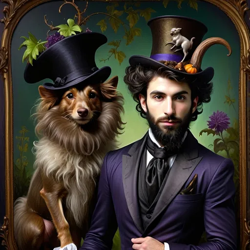 Prompt: (honoring Nuit), moon and stars) captivating handsome man magician, pointed witch hat, facial features highlighted, elegant beard, (renaissance baroque painting style), dark mystical background, rich deep colors with dramatic contrast, elements of Halloween celebration in still life arrangement, enigmatic ambiance, intricate shadows and light, (highly detailed), evoking intrigue and enchantment.