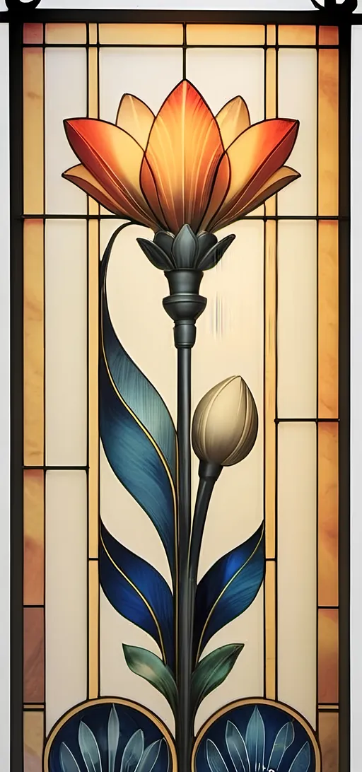 Prompt: A Seven Wonders Art Glass Studio Art Deco designed stained glass window.  Honoring Nuit.  Art Deco designed stained glass pattern of floral honoring Aeon of Horus.