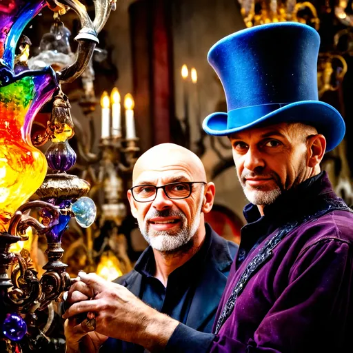 Prompt: (Baroque style) Glass Artisan and Magician, (vibrant colors), man wearing a magical top hat, carefully constructing enchanting magical lights in an intricate chandelier. Lush workshop setting, blending the magic of the real world with Murano’s artistry, (Venice), surrounded by stunning glass artworks, dramatic shadows, and a cozy ambiance, (ultra-detailed).