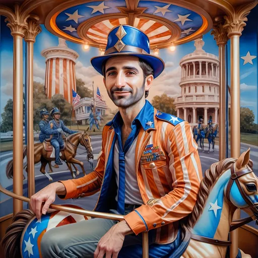 Prompt: (A Seven Wonders Art Glass Studio), oil renaissance painting, (vibrant colors), a man in military uniform, proudly riding on a Carousel of Heroes, surrounded by gracefully carved horses, soft, glowing ambiance, honoring veterans and those serving in the U.S. Military, warm golden lighting, intricate details in the uniform, carousel with richly adorned decorations, respectful atmosphere, high quality, ultra-detailed.