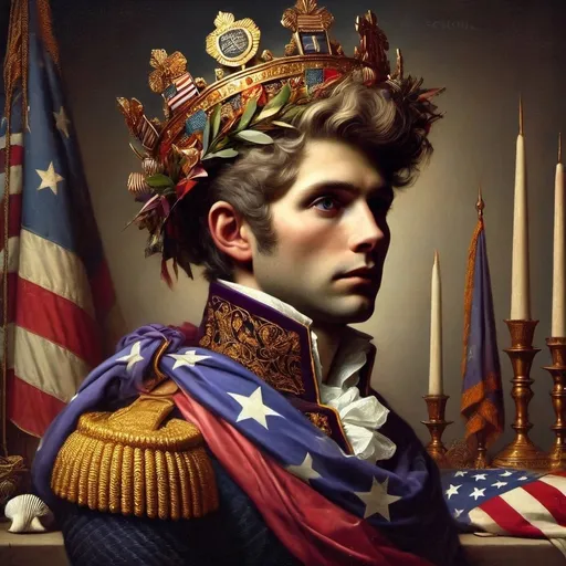 Prompt: a painting of a man wearing a crown and a flag draped around his neck and a candle in the background, Charles Bird King, american romanticism, highly detailed digital painting, a fine art painting