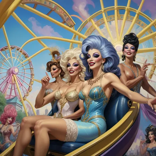 Prompt: (A stunning oil masterpiece) of a group of drag queens in (fancy clothing), joyfully riding the Nation’s New drag queen roller coaster in Liberty Park, vibrant colors and dazzling details, dramatic expressions of excitement, adorned with shimmering accessories, against a whimsical background filled with a Ferris Wheel of Drag Queens, honoring Nuit, surrounded by local attractions, (highly detailed, ultra-realistic).