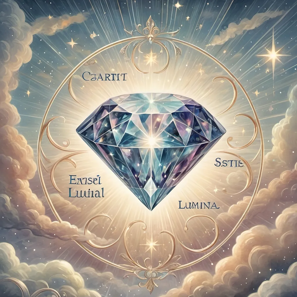 Prompt: a diamond surrounded by clouds and stars in the sky with the names of the elements in the center of the diamond, Évariste Vital Luminais, rayonism, diamonds, concept art