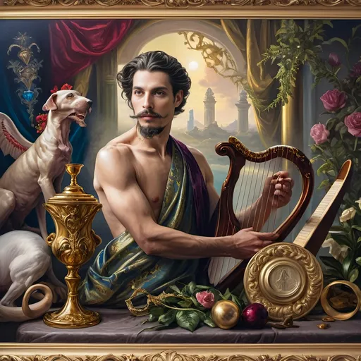 Prompt: (Seven Wonders Art Glass Studio), oil painting, (honoring Nuit), a man with a beard, holding a harp, glass of wine, golden cup beside him, (Ditlev Blunck), neoclassicism, classical painting, Flemish Baroque style, high detail, rich colors, warm glowing light, serene atmosphere, capturing tradition and reverence, elegant background with ethereal elements, ultra-detailed composition, masterful artistry.