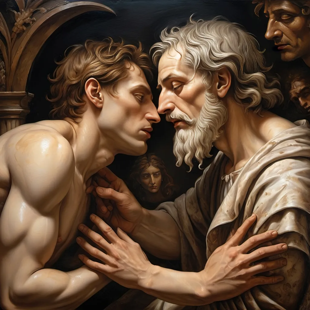 Prompt: Renaissance oil mural (The Creation), (dark color scheme), up-close still life of Adam, face cracking like broken porcelain, intricate details, God in the scene, emotional farewell, Adam saying goodbye, spirits set free, dramatic lighting, atmospheric ambiance, textured brush strokes, high depth, captivating composition, masterful artistry, HD.