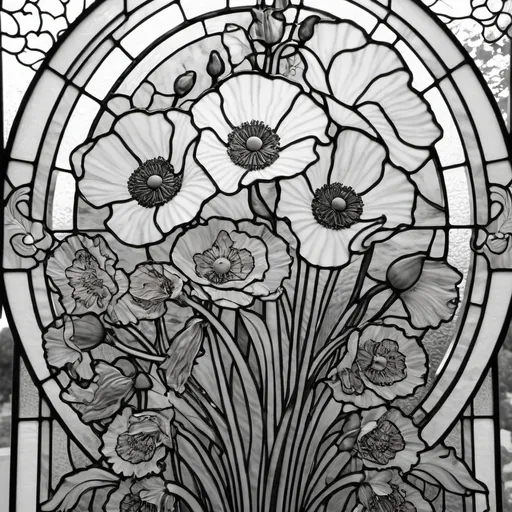 Prompt: A Seven Wonders Art Glass Studio Art Nouveau designed stained glass window with poppy flowers and a line drawing of flowers in the middle, Alfonse Mucha, art nouveau, line art, lineart.  (Honoring the Aeon of Horus).