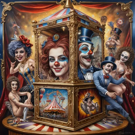 Prompt: A Seven Wonders Art Glass Studio oil masterpiece painting honoring Nuit.  Pandora’s Magical Music Box of carnival and circus freaks.  highly detailed oil painting, an ultrafine detailed painting