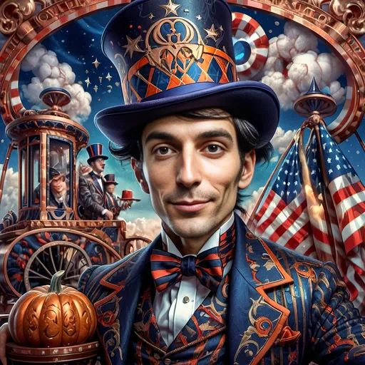 Prompt: art deco style portrait of a (man in a top hat) holding a (pumpkin), (still life) honoring Nuit, (magician), (intense magic) for all hallows eve, (vibrant color scheme), (sky background with clouds), digital painting by (Alejandro Burdisio), (gothic art), (highly detailed), character portrait, (dynamic and whimsical ambiance), (ultra-detailed), (4K).