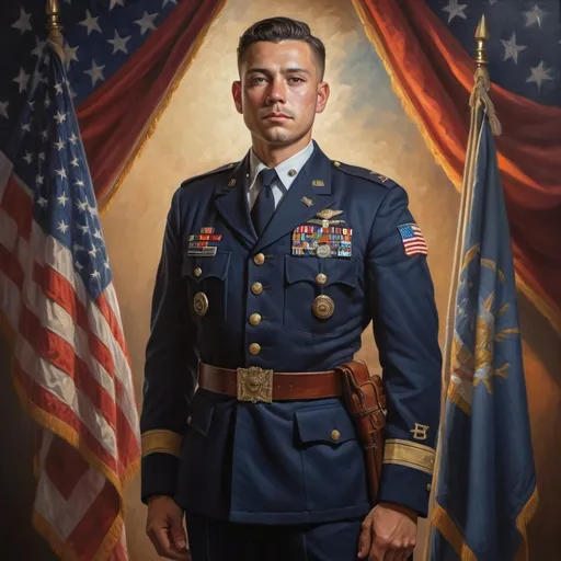 Prompt: (painting of a man in uniform), (full body portrait), (Adrian Zingg style), (American realism), vibrant colors blending seamlessly, flags of diverse heritage draping the backdrop, a strong yet thoughtful expression, the atmosphere radiating pride and unity, intricate details capturing the essence of the uniforms, enhancing emotional depth, softly illuminated with warm lighting, ultra-detailed 4K quality.