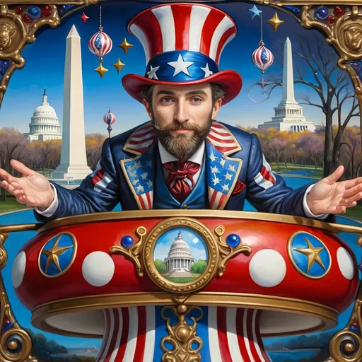 Prompt: A (masterful) Seven Wonders Art Glass Studio painting, depicting a (charming) magician man in a (patriotic) top hat, joyfully riding a rollercoaster in Liberty Park, featuring vibrant colors and whimsical elements, with a prominent Washington Monument in the background, intricately integrated with the phrase (accurately spelled text "Yankee Doodle"), all while encapsulating the theme of (honoring Nuit and the Aeon of Horus), ultra-detailed, colorful and dynamic atmosphere.