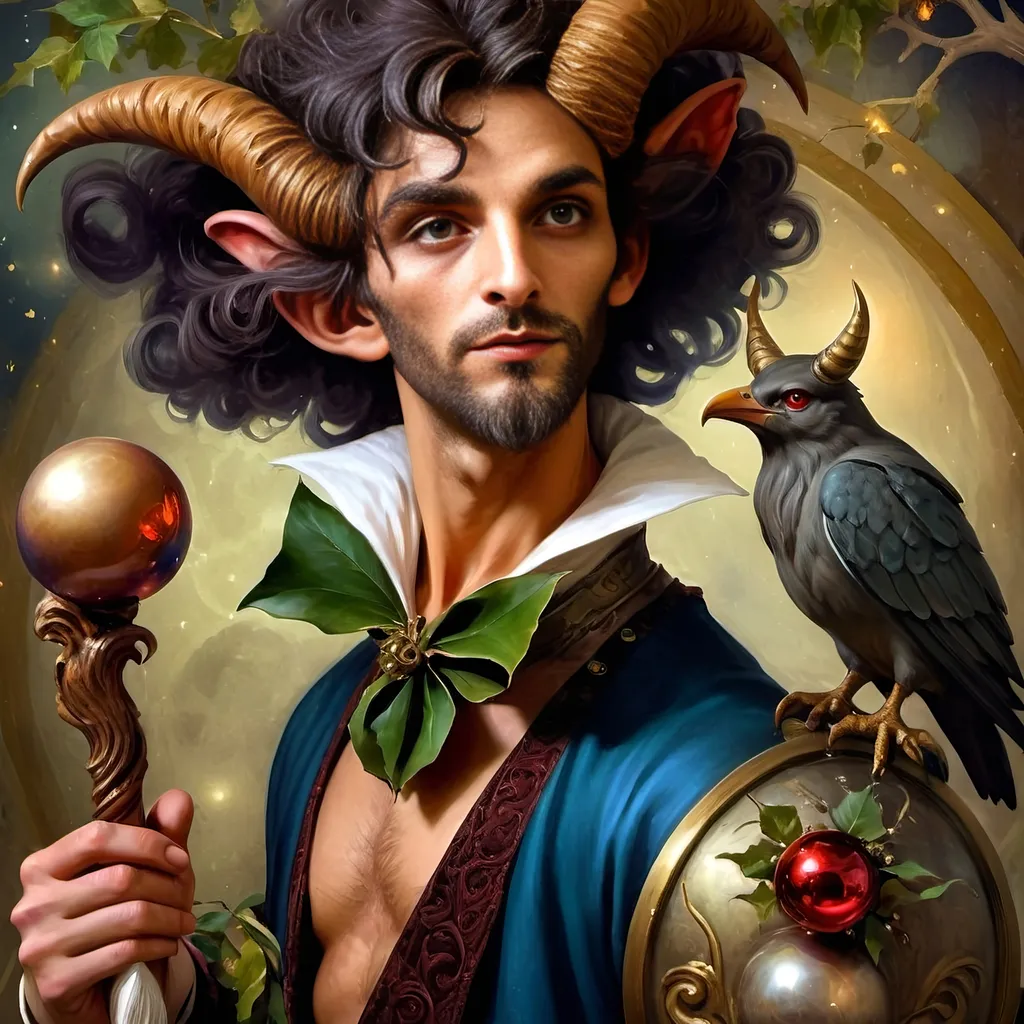 Prompt: A (captivating) oil painting depicting a (mysterious magician) with a (horned head), a (bird perched gracefully on his shoulder), holding a (beautifully crafted cane) and an (orb in his hand), beautifully capturing themes of (fantasy) and (transformation). Character portrait-style, influenced by (Clint Cearley's) signature artistry, with ethereal hues and (vivid detailing) honoring the legendary figures of (Pan and Nuit), set against a dreamy, (surreal background) that evokes wonder.