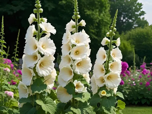 Prompt: Double white hollyhock (focal subject), growing lushly in a garden, surrounded by vibrant green leaves and colorful flowers, rustic fence in the background, inspired by (rococo) elegance, infused with (Flemish Baroque) ambiance, cinematographic lighting, exquisite detail, HD, conveying an enchanting and serene atmosphere, capturing the essence of a blooming garden masterpiece.