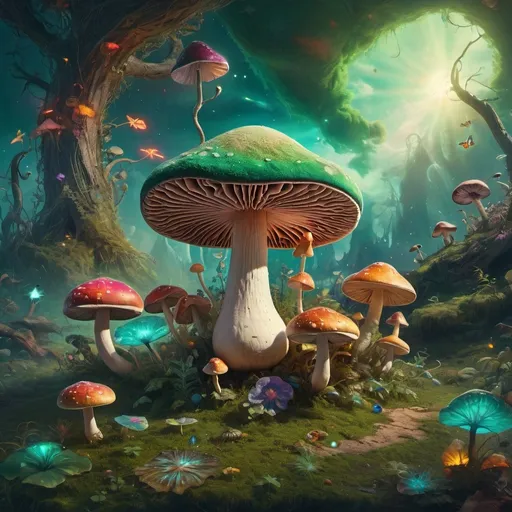 Prompt: (psychedelic mushroom) surrounded by a surreal mix of floating elements in the sky and whimsical objects on the ground, vibrant colors in greens and vivid hues, (fantasy artwork) enchanting atmosphere, dreamy and imaginative vibe, intricate details, (digital art) glowing textures, high depth and ultra-detailed, immersive scene capturing an otherworldly essence.